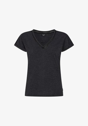 Charcoal grijs V-hals T-shirt met korte mouwen, voorzien van een zwarte meshaccent rond de halslijn. Zacht, textuurstof. Regular fit.
