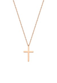 Roségold Kreuzanhänger-Halskette an einer feinen, verlinkten Kette. Verfügt über ein flaches, minimalistisches Design mit einer glatten Textur.