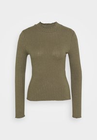 Oliivinvihreä ribbikuvioinen pitkähiha toppi, jossa on korkea, röyhelökaulus ja slim fit -muotoilu, korostaen kankaan rakennetta ja joustavuutta.