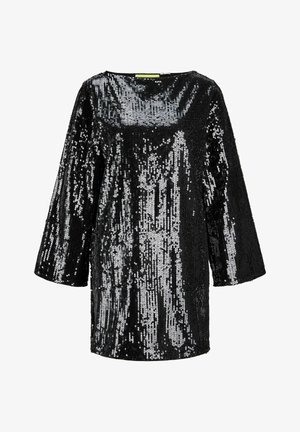 Crna haljina dugih rukava prekrivena sjajnim srebrnim šljokicama, s ležernim krojem i širokim izrezom. Glatka tekstura i blistavi efekt.