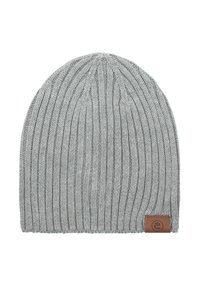 Szara, prążkowana czapka beanie o miękkiej fakturze, z skórzaną naszywką z logo z boku. Klasyczny kształt czapki beanie zapewniający ciepło.