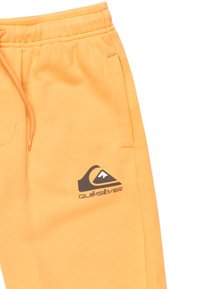 Pantalones de chándal naranjas de mezcla de algodón, con una cintura elástica, bolsillos laterales y un logo negro de Quiksilver en el muslo izquierdo.