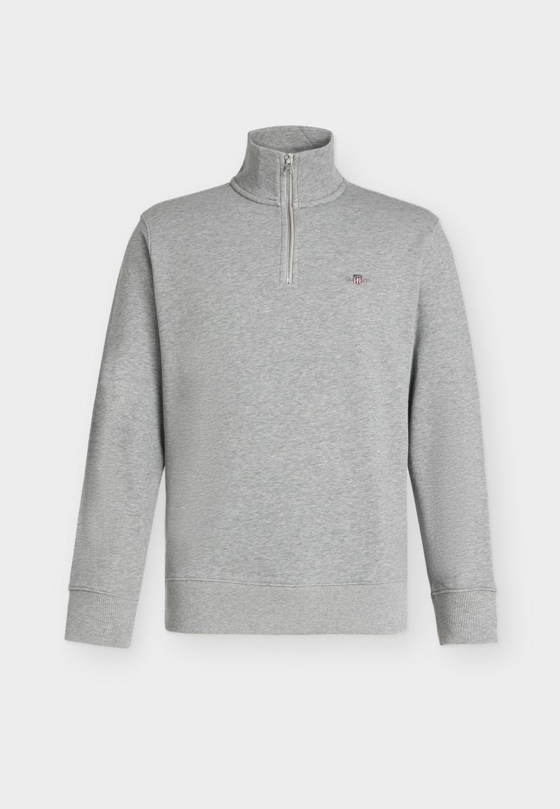 Hellgrauer Langarm-Pullover mit Viertelreißverschluss und kleinem gesticktem Logo auf der linken Brust, gerippte Bündchen und Saum.