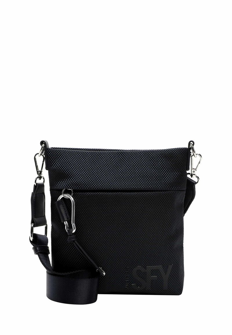 Borsa a tracolla nera in nylon con superficie texturizzata, dotata di una tracolla staccabile, hardware in argento e logo stampato sul davanti.