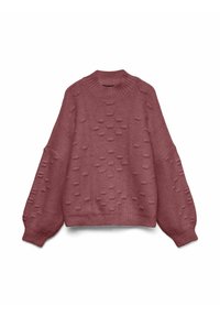 Pull en maille texturée surdimensionné en rose poussiéreux, avec un col rond côtelé et des manches ballons. Motifs de formes ovales en relief sur l'ensemble.