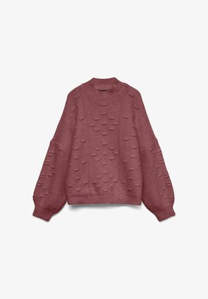 Übergroßer, strukturierter Strickpullover in Staubrosa mit einem gerippten Rundhalsausschnitt und Ballonärmeln. Muster aus erhobenen, ovalen Formen überall.