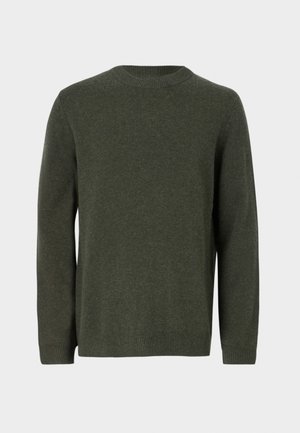 Mørkegrønn strikket genser med rund hals, lange ermer og ribbestrikkede mansjetter og kant. Glatt tekstur med et ensfarget mønster gjennomgående.