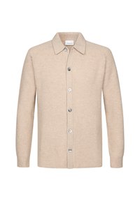Beige knitted cardigan with a button-up front, collar, and ribbed texture. Features silver buttons and long sleeves.