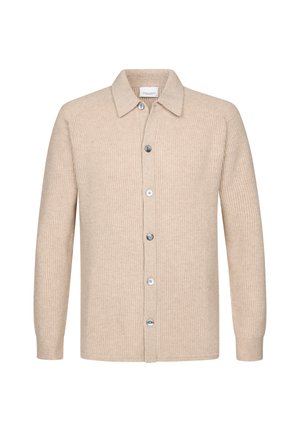 Beige gebreide cardigan met een knoopsluiting aan de voorkant, kraag en geribbelde textuur. Voorzien van zilveren knopen en lange mouwen.