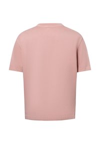 Kurzärmliges, runderhals T-Shirt aus weichem, pinkfarbenem Stoff. Glatte Textur, lockere Passform und gerader Schnitt. Zeigt ein einfaches, schmuckloses Design.