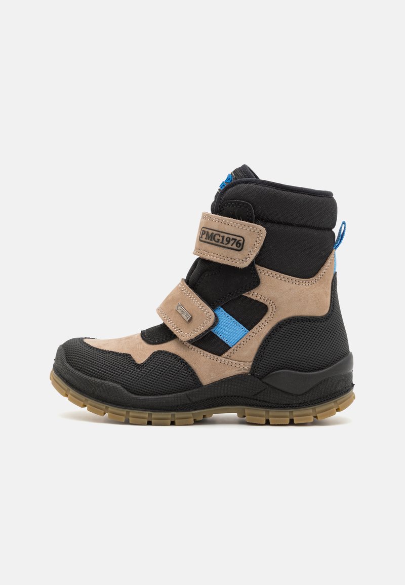 Black and tan mid-top boot featuring mesh and suede materials, blue accents, two Velcro straps, and a textured rubber sole.