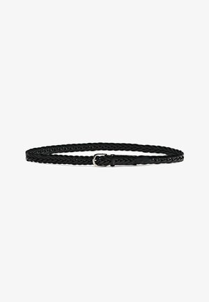Ceinture en cuir tressé noir au design fin, dotée d'une boucle en métal argenté et d'une texture lisse.