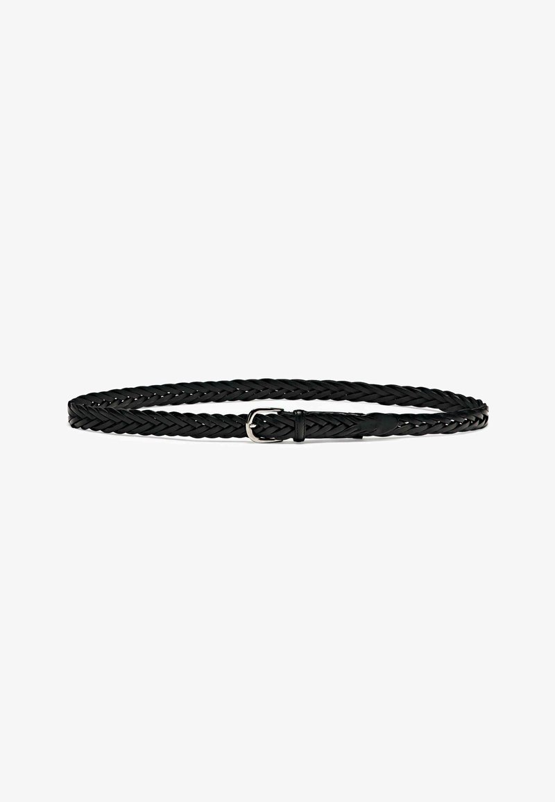 Black braided leather belt with a thin design, featuring a silver-tone metal buckle and a smooth texture.