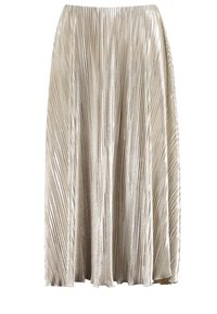 Jupe maxi plissée en tissu argenté scintillant. Dispose d'une taille haute et d'un design fluide avec une texture verticale sur toute sa longueur.