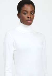 Pull col roulé blanc avec un col côtelé, des manches longues et une silhouette ajustée, fabriqué en tissu doux et lisse.