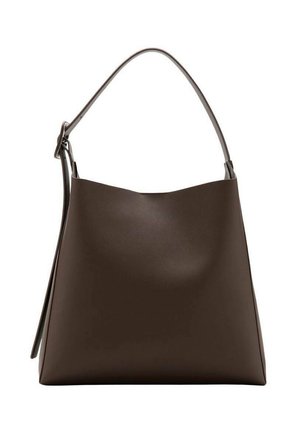 Brown leather handbag with a smooth texture, a wide opening, and a single, curved shoulder strap for easy carrying.