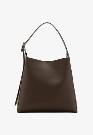 Brown leather handbag with a smooth texture, a wide opening, and a single, curved shoulder strap for easy carrying.
