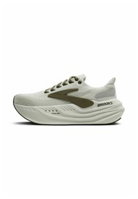White running shoe with olive accents, breathable mesh upper, cushioned sole, and textured detailing on the sides. Brand name displayed.