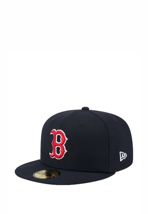 Navy blue baseball cap made of fabric, featuring a large red embroidered 'B' logo on the front and a flat brim. Additional white logo on the side.