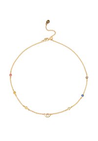 Collier en chaîne dorée avec des accents de gemmes de couleurs variées (rose, jaune, bleu et violet) et un pendentif en forme d'œil. Système de fermeture à lobster.
