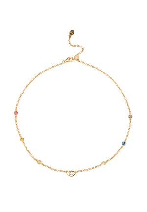 Gold chain necklace with varying colored gem accents (pink, yellow, blue, and purple) and an eye-shaped centerpiece. Features a lobster clasp.