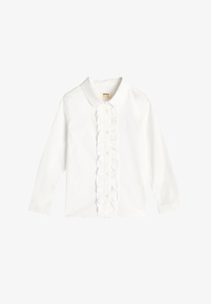 Biała koszula z długim rękawem, z falbaniastym zapięciem z przodu, zapinana na guziki, z klasycznym kołnierzykiem. Wykonana z gładkiego, lekkiego materiału.