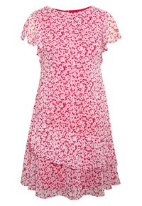 Rosa blommig klänning med korta volangärmar, lager av volanger och rund halsringning. Har ett mönster av vita och mörkare rosa blommor.