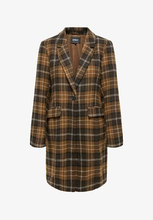 Brun rutete blazer med hakket krage, enkelt knappelukking og to frontlommer; har kontrasterende hvite og svarte mønstre.