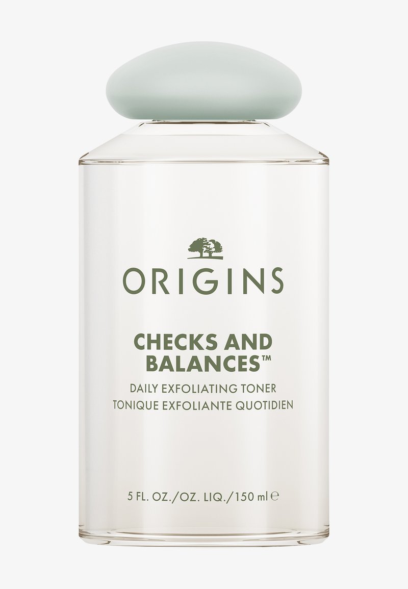 Bouteille en verre transparent de tonique exfoliant quotidien Origins Checks and Balances avec bouchon arrondi vert pâle, volume 150 ml.