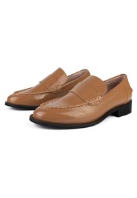 Tan leather loafers with a smooth finish, stitched detailing on the upper, and a low black rubber heel. Classic slip-on design.