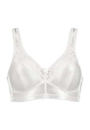 Witte bh van zacht, glanzend materiaal met kant aan de bovenrand. Bevat een decoratieve strik in het midden. Verstelbare bandjes voor een aangepaste pasvorm.