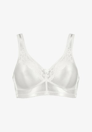 Witte bh van zacht, glanzend materiaal met kant aan de bovenrand. Bevat een decoratieve strik in het midden. Verstelbare bandjes voor een aangepaste pasvorm.