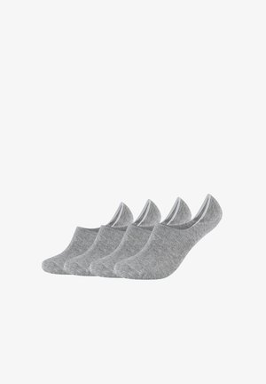 Calcetines tobilleros grises con una textura suave, que cuentan con aberturas elásticas y un diseño antideslizante, presentados en un set de cuatro pares.