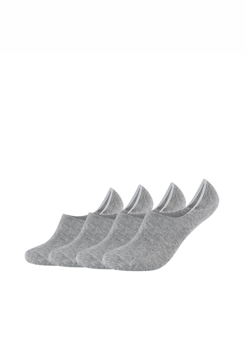 Graue Knöchelsocken mit glatter Textur, ausgestattet mit elastischen Öffnungen und rutschfestem Design, präsentiert in einem Set von vier Paaren.