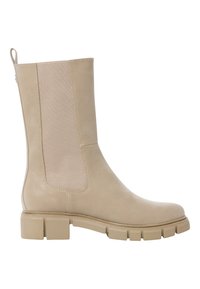 Beige ankle boots with a textured rubber sole, smooth leather upper, elastic side panels, and a pull tab at the back for easy wear.