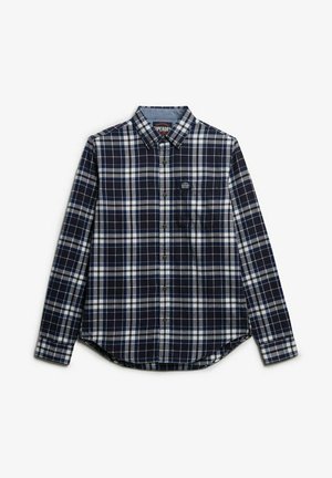 Marineblauw-wit geruit overhemd met knopen, een klassieke kraag, lange mouwen en een borstzak met een klein logo. Zachte stoftextuur.