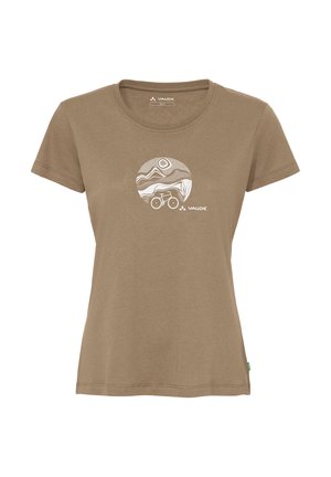 Maglietta marrone a maniche corte con scollo rotondo, caratterizzata da una grafica circolare bianca raffigurante montagne, una bicicletta e il logo Vaude sul petto.