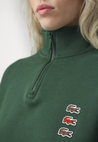 Närbild av en person som bär en grön zip-up tröja med tre små broderade krokodilmärken på bröstet.