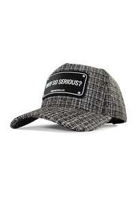 Black and gray cap with a textured fabric, featuring a flat brim and a front patch with the text “WHY SO SERIOUS?”
