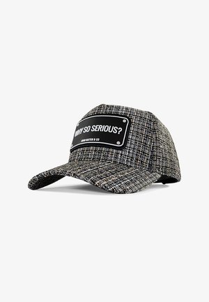 Black and gray cap with a textured fabric, featuring a flat brim and a front patch with the text “WHY SO SERIOUS?”
