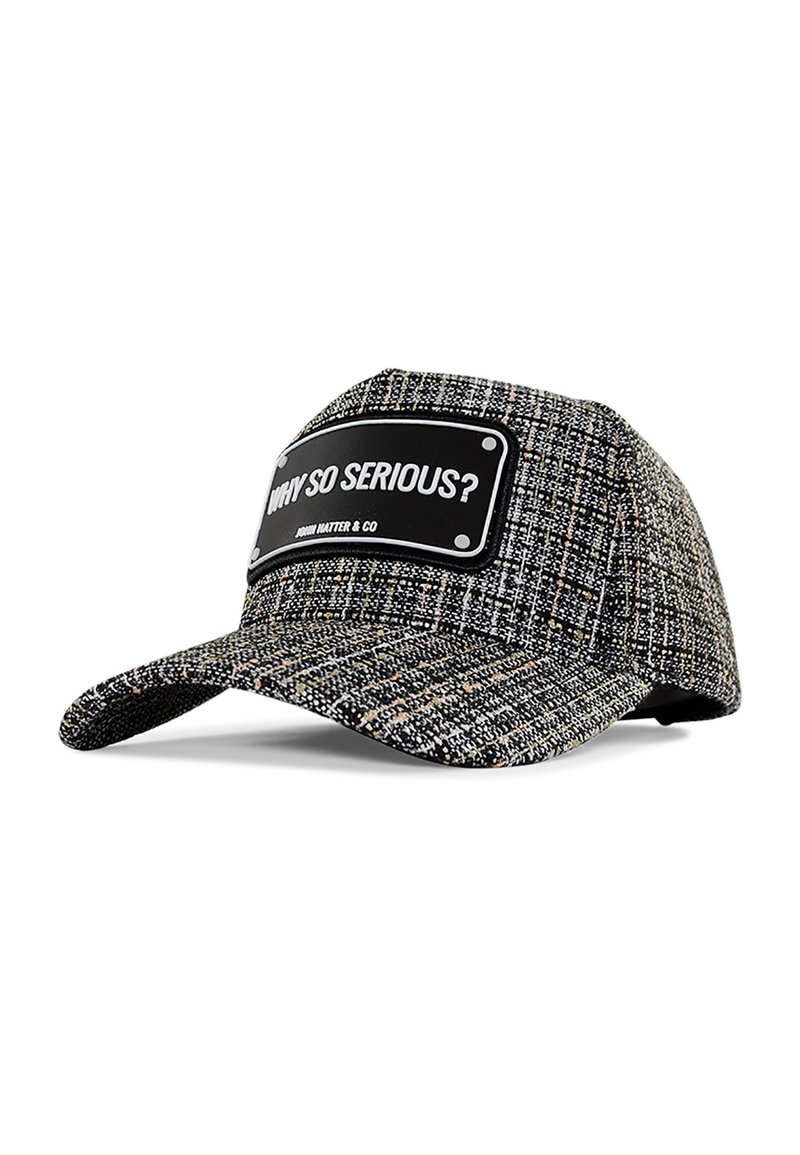 Black and gray cap with a textured fabric, featuring a flat brim and a front patch with the text “WHY SO SERIOUS?”