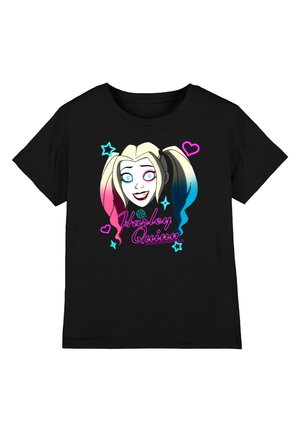 Black t-shirt with a stylized cartoon face of Harley Quinn with pink and blue pigtails, surrounded by stars and hearts, and "Harley Quinn" text.