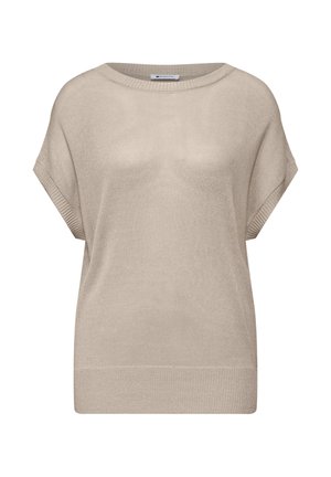 Béžový pletený svetřík s krátkými rukávy, kulatým výstřihem a žebrovanými manžetami a lemem, zobrazený na bílém pozadí.