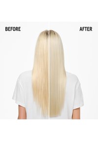 Långt blont hår som visas i två sektioner: vänster sida ser trasslig och ojämn ut, medan höger sida är rak, slät och välvårdad.