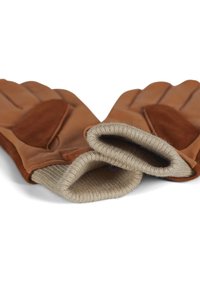 Gants en cuir marron avec un poignet en tricot beige, présentant une paume texturée et un dos lisse, conçus pour la chaleur et la flexibilité.