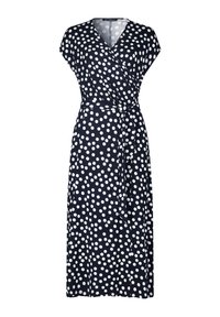 Robe portefeuille sans manches bleu marine à pois blancs avec ceinture assortie à la taille, longueur genou, col en V.