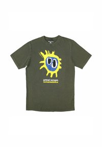 Olive green cotton t-shirt featuring a yellow and blue graphic print of a stylized character with text "primal scream screamadelica."