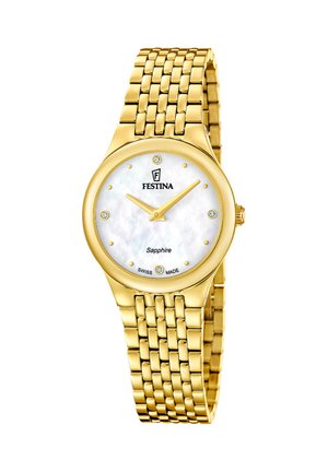 Guld Festina armbåndsur med hvid perlemorsskive, gyldne timeindikatorer, diamantaccenter ved 12, 3, 6, 9 og sammenkoblet metalarmbånd.