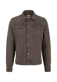 Veste en denim marron à manches longues, fermée par des boutons à l'avant, avec deux poches poitrine et un col classique. Présente une texture légèrement décolorée.