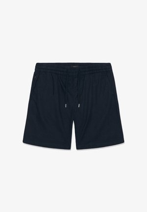 Fekete elasztikus derékpántos rövidnadrág zsinórral és oldalzsebekkel, térd fölé érő, laza szabással.